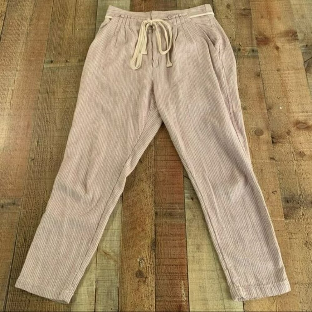Free people seersucker blush pink and cream striped paper bag pants -2
